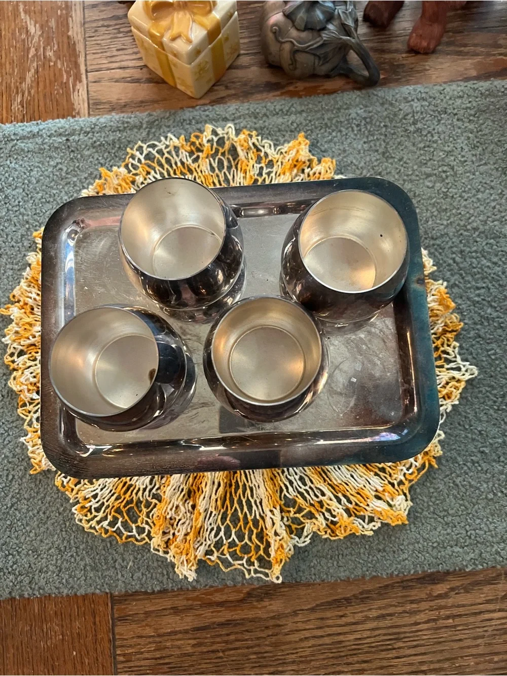 Vintage 1970’s Onedia Silver Plated Serving Tray Set 4 Roly Poly Cups